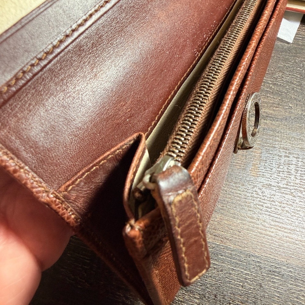 BVLGARI Leather Long Wallet with Silver-Tone Ring Closure - Brown - Picture 10 of 12